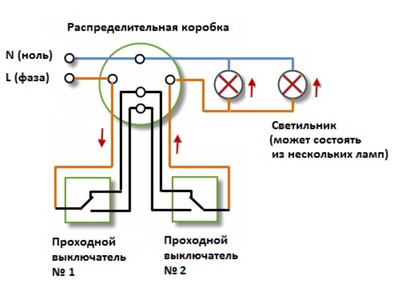 электрическая схема подключения проходного выключателя